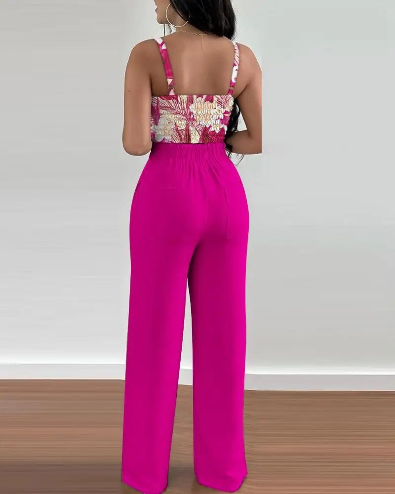 2 Piece Outfits For Women 2025 Sexy V - Neck Strap Shirred Slim Crop Top & Lace - up Wide Leg Pants Sets Elegant Office Lady Suit - MAGUSTA BEAUTY