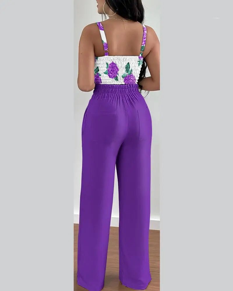 2 Piece Outfits For Women 2025 Sexy V - Neck Strap Shirred Slim Crop Top & Lace - up Wide Leg Pants Sets Elegant Office Lady Suit - MAGUSTA BEAUTY