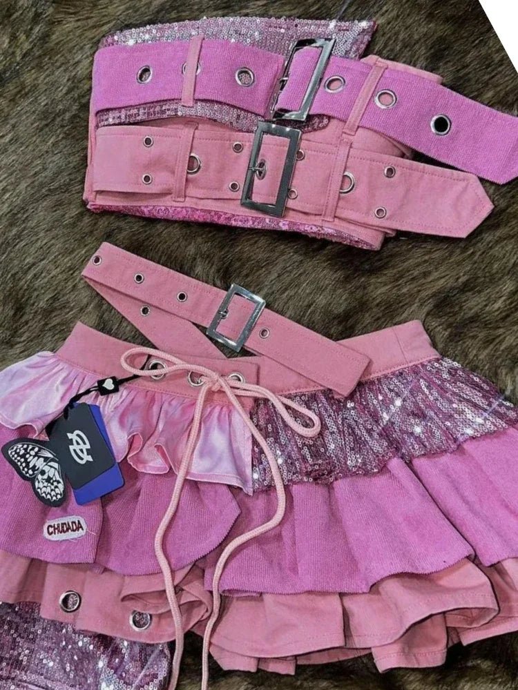 2000s Aesthetic Punk Style Women New 2 Piece Set Sexy Strapless Tops + High Waist Skirt Female Retro Chic Korean Popular Clothes - MAGUSTA BEAUTY