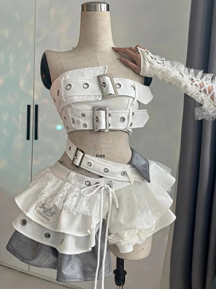 2000s Aesthetic Punk Style Women New 2 Piece Set Sexy Strapless Tops + High Waist Skirt Female Retro Chic Korean Popular Clothes - MAGUSTA BEAUTY