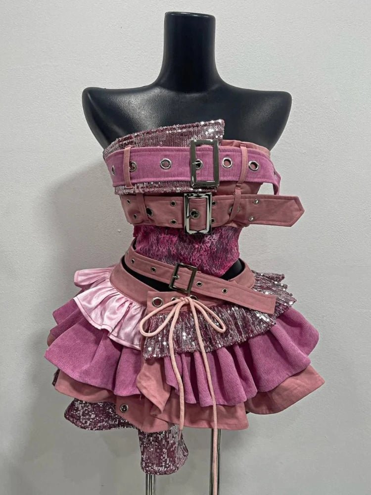 2000s Aesthetic Punk Style Women New 2 Piece Set Sexy Strapless Tops + High Waist Skirt Female Retro Chic Korean Popular Clothes - MAGUSTA BEAUTY