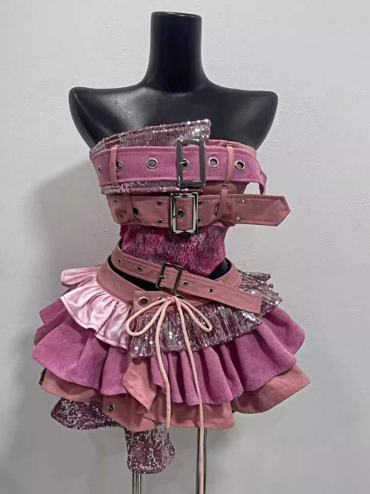 2000s Aesthetic Punk Style Women New 2 Piece Set Sexy Strapless Tops + High Waist Skirt Female Retro Chic Korean Popular Clothes - MAGUSTA BEAUTY