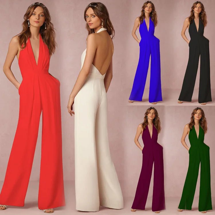 2022 New Fashion Backless Jumpsuits Women Solid Sleeveless Rompers Casual Overalls Halter Sexy Jumpsuit for Women - MAGUSTA BEAUTY