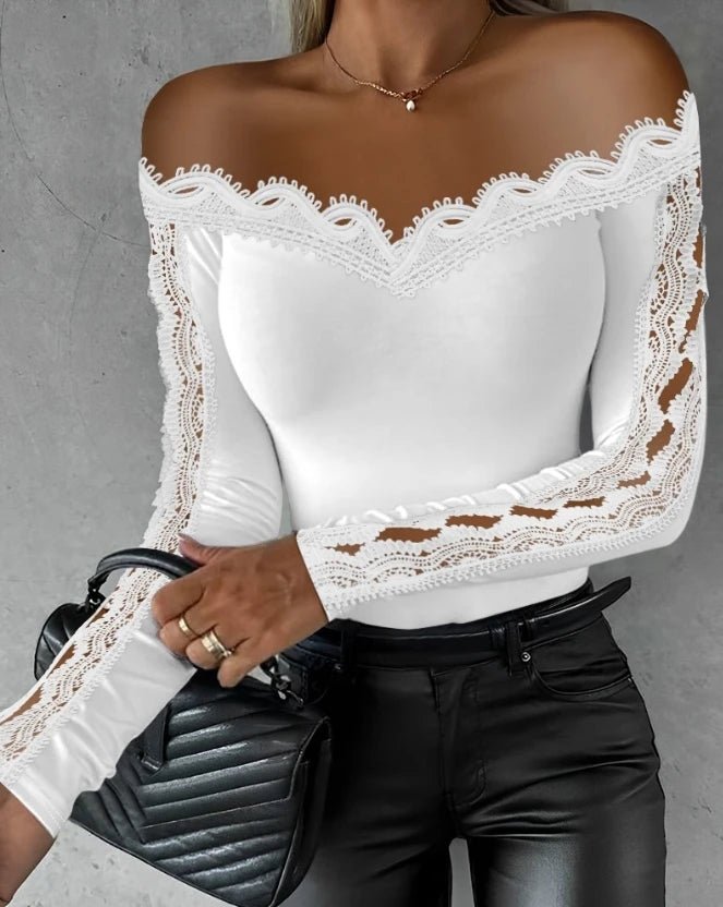 2023 Autumn Winter Spring New Fashion Casual Sexy Blouses Off Shoulder Hollow Out Lace Top Female Clothing TShirts Pullover Tops - MAGUSTA BEAUTY