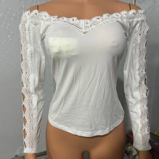 2023 Autumn Winter Spring New Fashion Casual Sexy Blouses Off Shoulder Hollow Out Lace Top Female Clothing TShirts Pullover Tops - MAGUSTA BEAUTY