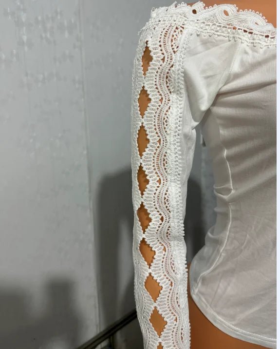 2023 Autumn Winter Spring New Fashion Casual Sexy Blouses Off Shoulder Hollow Out Lace Top Female Clothing TShirts Pullover Tops - MAGUSTA BEAUTY