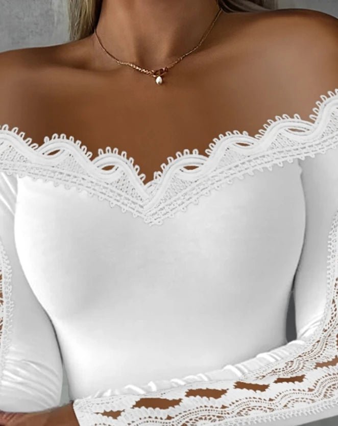 2023 Autumn Winter Spring New Fashion Casual Sexy Blouses Off Shoulder Hollow Out Lace Top Female Clothing TShirts Pullover Tops - MAGUSTA BEAUTY
