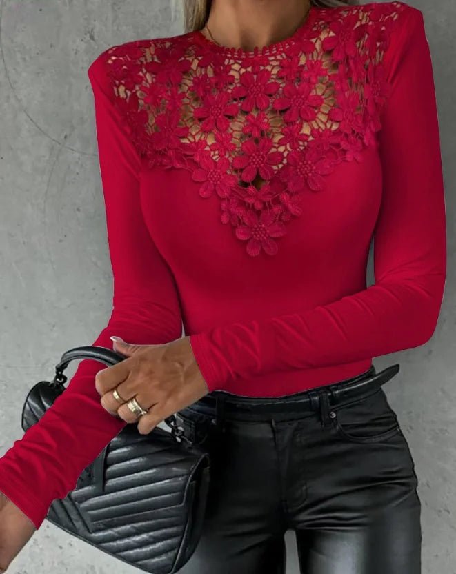 2023 Autumn Winter Spring New Fashion Casual Sexy Blouses Off Shoulder Hollow Out Lace Top Female Clothing TShirts Pullover Tops - MAGUSTA BEAUTY