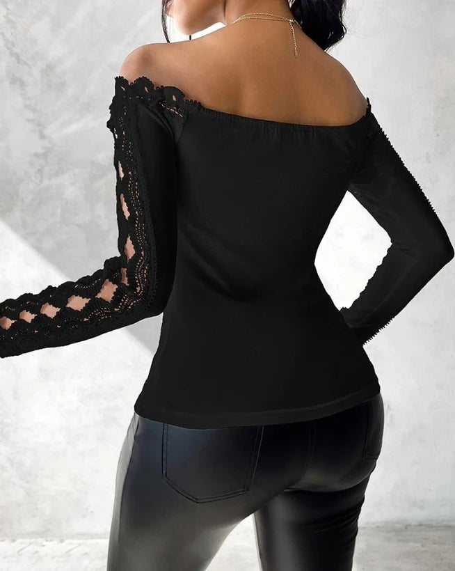 2023 Autumn Winter Spring New Fashion Casual Sexy Blouses Off Shoulder Hollow Out Lace Top Female Clothing TShirts Pullover Tops - MAGUSTA BEAUTY