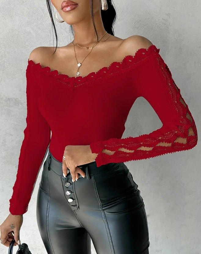 2023 Autumn Winter Spring New Fashion Casual Sexy Blouses Off Shoulder Hollow Out Lace Top Female Clothing TShirts Pullover Tops - MAGUSTA BEAUTY