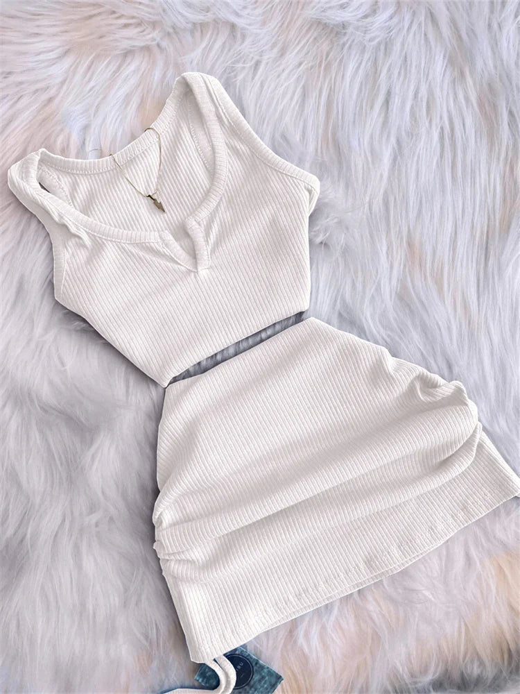 2023 Streetwear Knit 2 Two Piece Dress Sets Skirts Crop Tops Mini Skirt Matching Orange Drawstring Black Skirts Dress Suits - MAGUSTA BEAUTY
