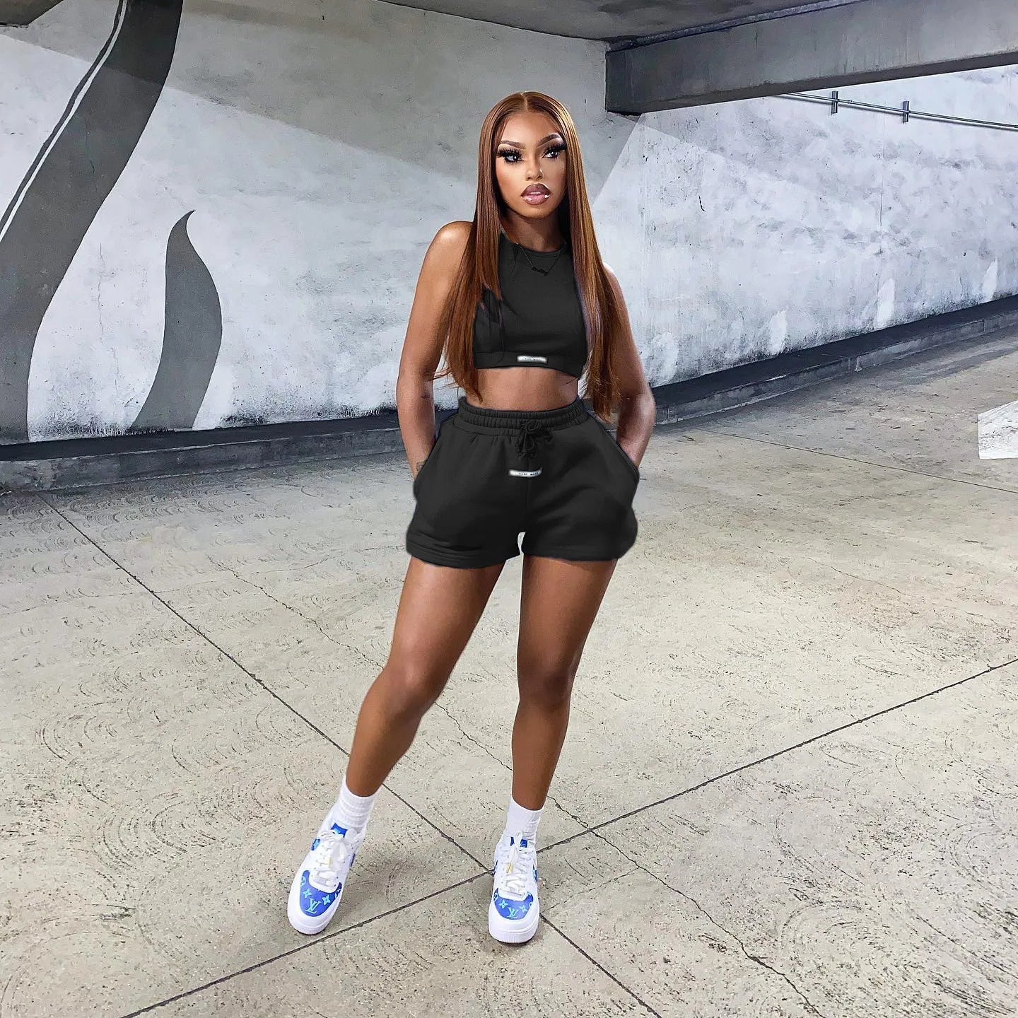 2023 Streetwear Knit 2 Two Piece Dress Sets Skirts Crop Tops Mini Skirt Matching Orange Drawstring Black Skirts Dress Suits - MAGUSTA BEAUTY