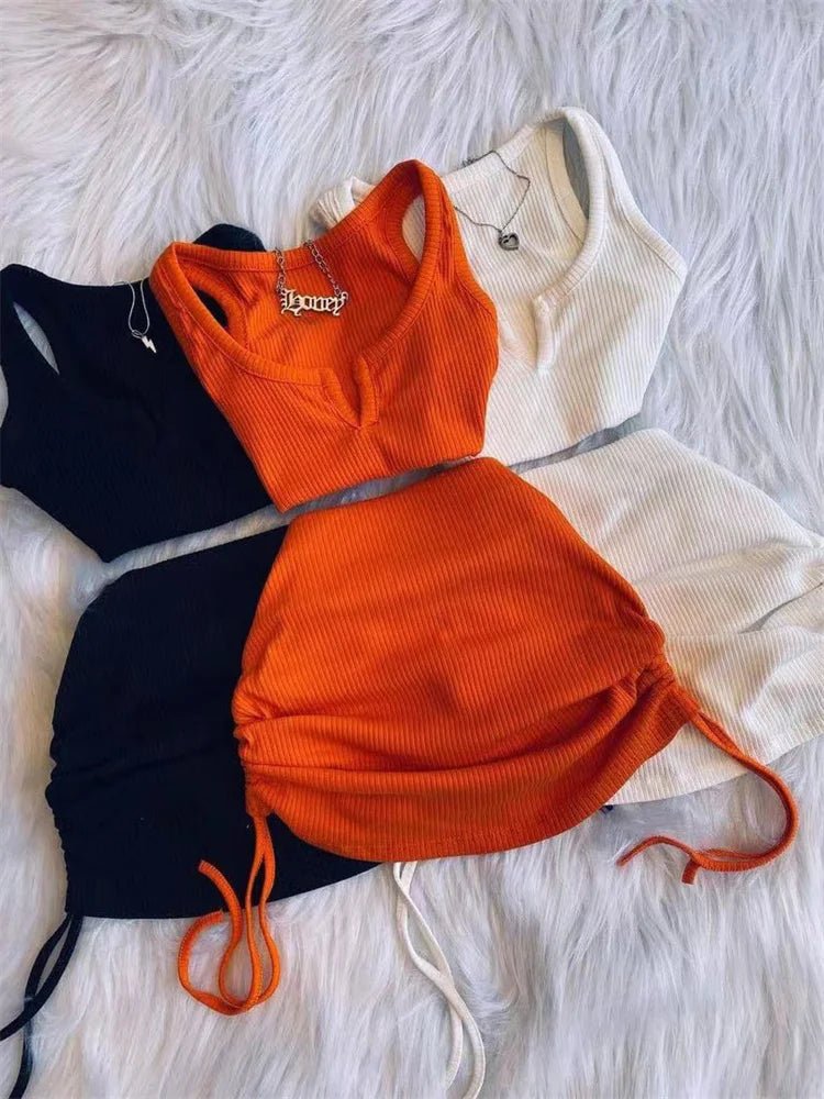 2023 Streetwear Knit 2 Two Piece Dress Sets Skirts Crop Tops Mini Skirt Matching Orange Drawstring Black Skirts Dress Suits - MAGUSTA BEAUTY