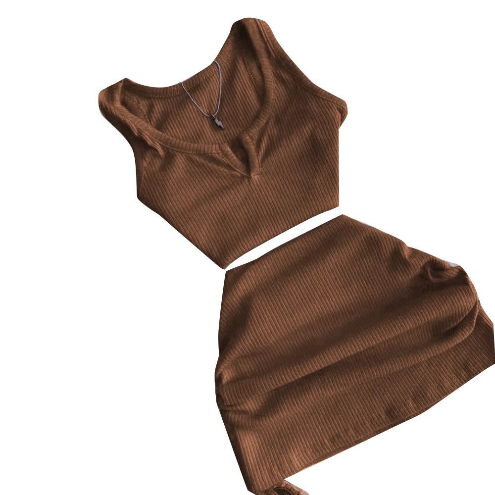 2023 Streetwear Knit 2 Two Piece Dress Sets Skirts Crop Tops Mini Skirt Matching Orange Drawstring Black Skirts Dress Suits - MAGUSTA BEAUTY