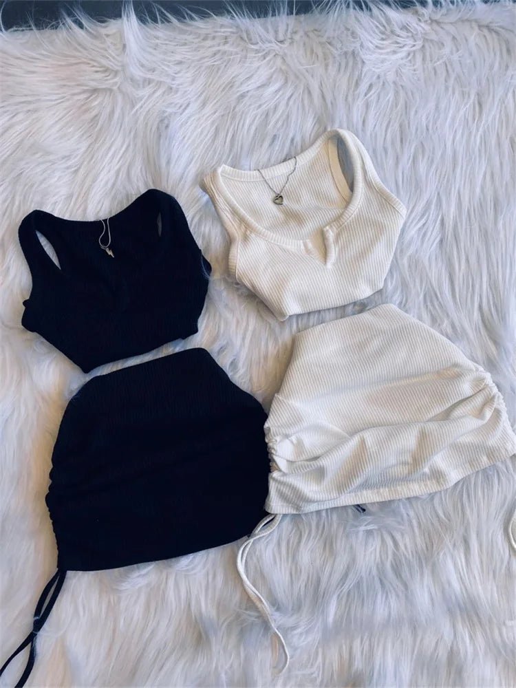 2023 Streetwear Knit 2 Two Piece Dress Sets Skirts Crop Tops Mini Skirt Matching Orange Drawstring Black Skirts Dress Suits - MAGUSTA BEAUTY