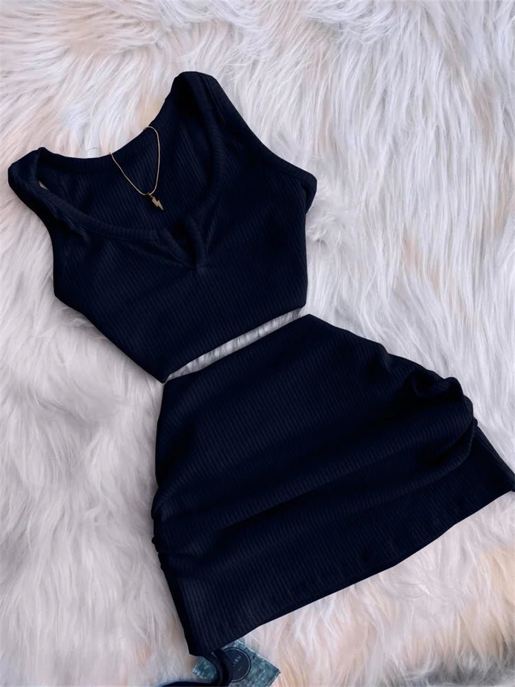 2023 Streetwear Knit 2 Two Piece Dress Sets Skirts Crop Tops Mini Skirt Matching Orange Drawstring Black Skirts Dress Suits - MAGUSTA BEAUTY