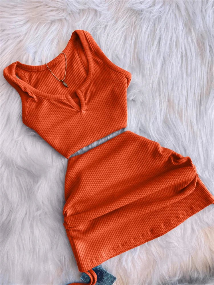 2023 Streetwear Knit 2 Two Piece Dress Sets Skirts Crop Tops Mini Skirt Matching Orange Drawstring Black Skirts Dress Suits - MAGUSTA BEAUTY