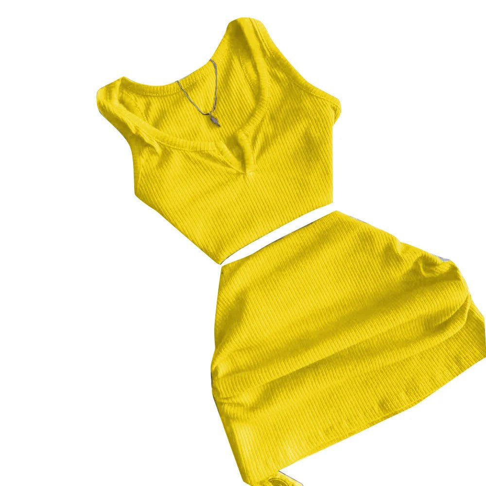 2023 Streetwear Knit 2 Two Piece Dress Sets Skirts Crop Tops Mini Skirt Matching Orange Drawstring Black Skirts Dress Suits - MAGUSTA BEAUTY
