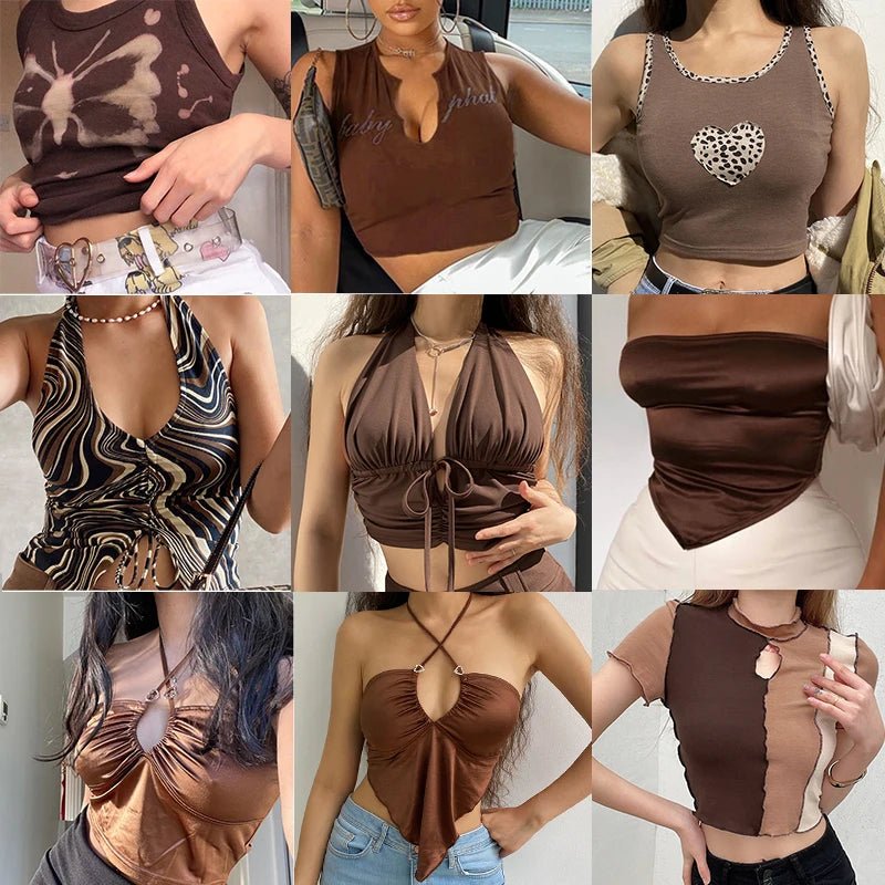 2023 Women's Summer Crop Tops Sexy Hollow Tank Tops Brown Bras Seamless Underwear Slim Sleeveless Tube Tops Y2K Club Party Camis - MAGUSTA BEAUTY
