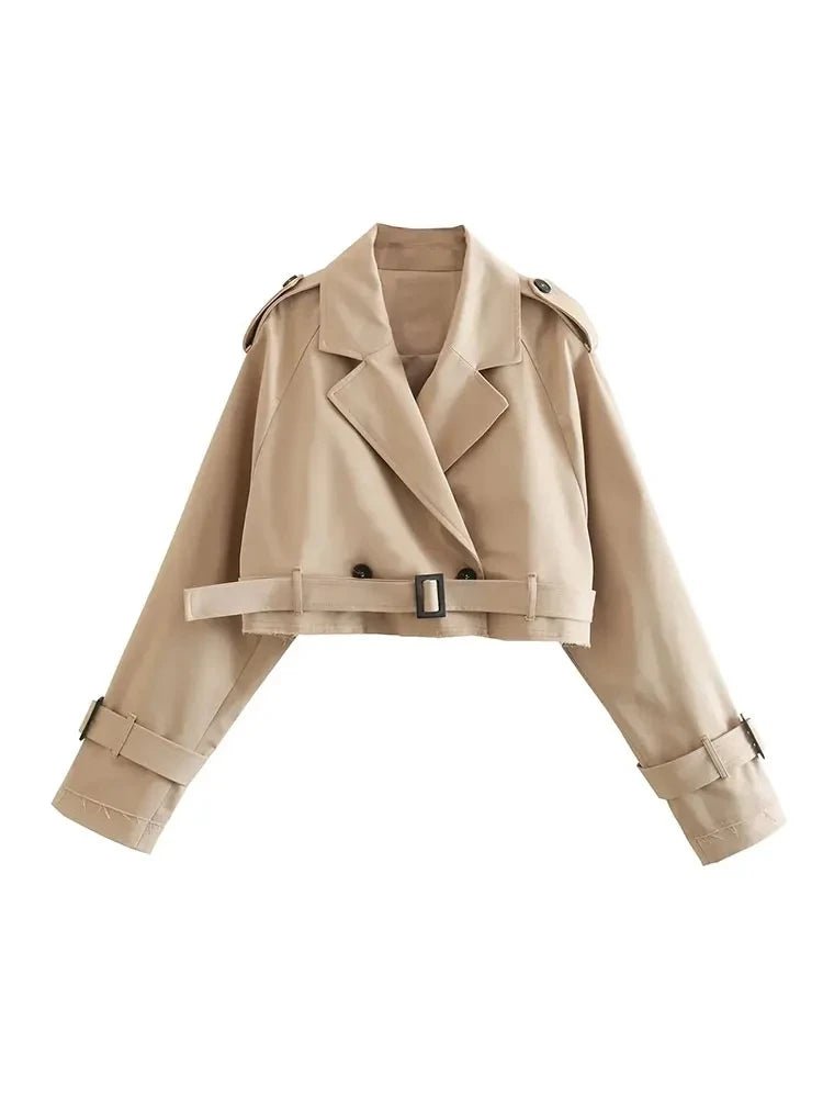 2024 Belt Cropped Trench Spring Jacket Women Vintage Streetwear Double Breasted Long Sleeve Top Female Coat Outfits - MAGUSTA BEAUTY