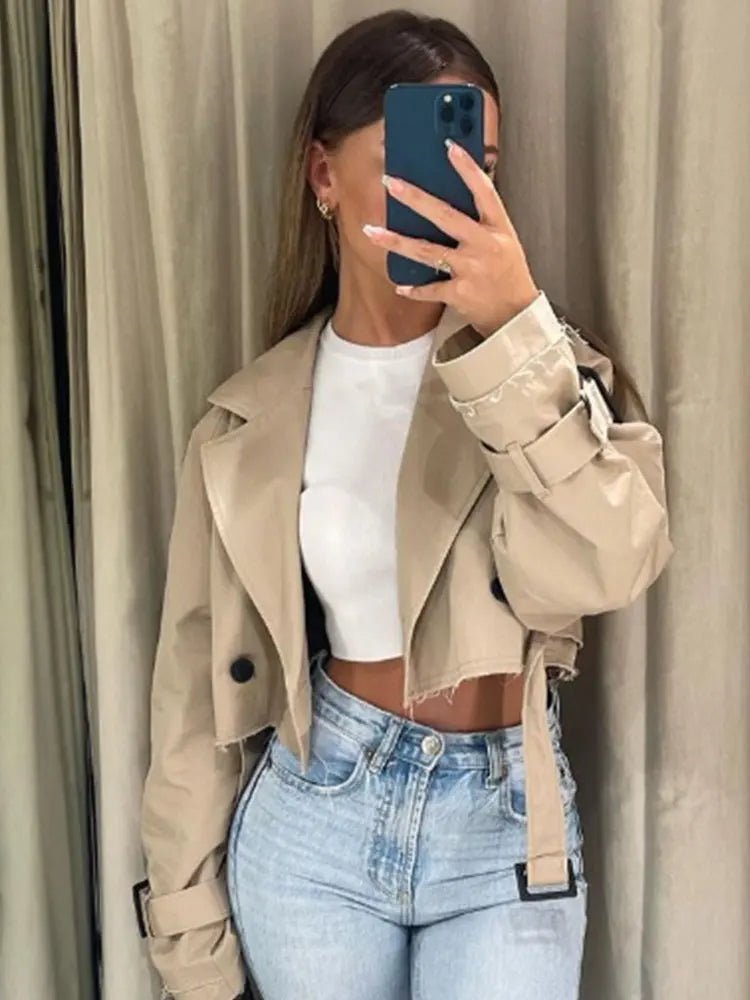 2024 Belt Cropped Trench Spring Jacket Women Vintage Streetwear Double Breasted Long Sleeve Top Female Coat Outfits - MAGUSTA BEAUTY