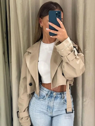 2024 Belt Cropped Trench Spring Jacket Women Vintage Streetwear Double Breasted Long Sleeve Top Female Coat Outfits - MAGUSTA BEAUTY