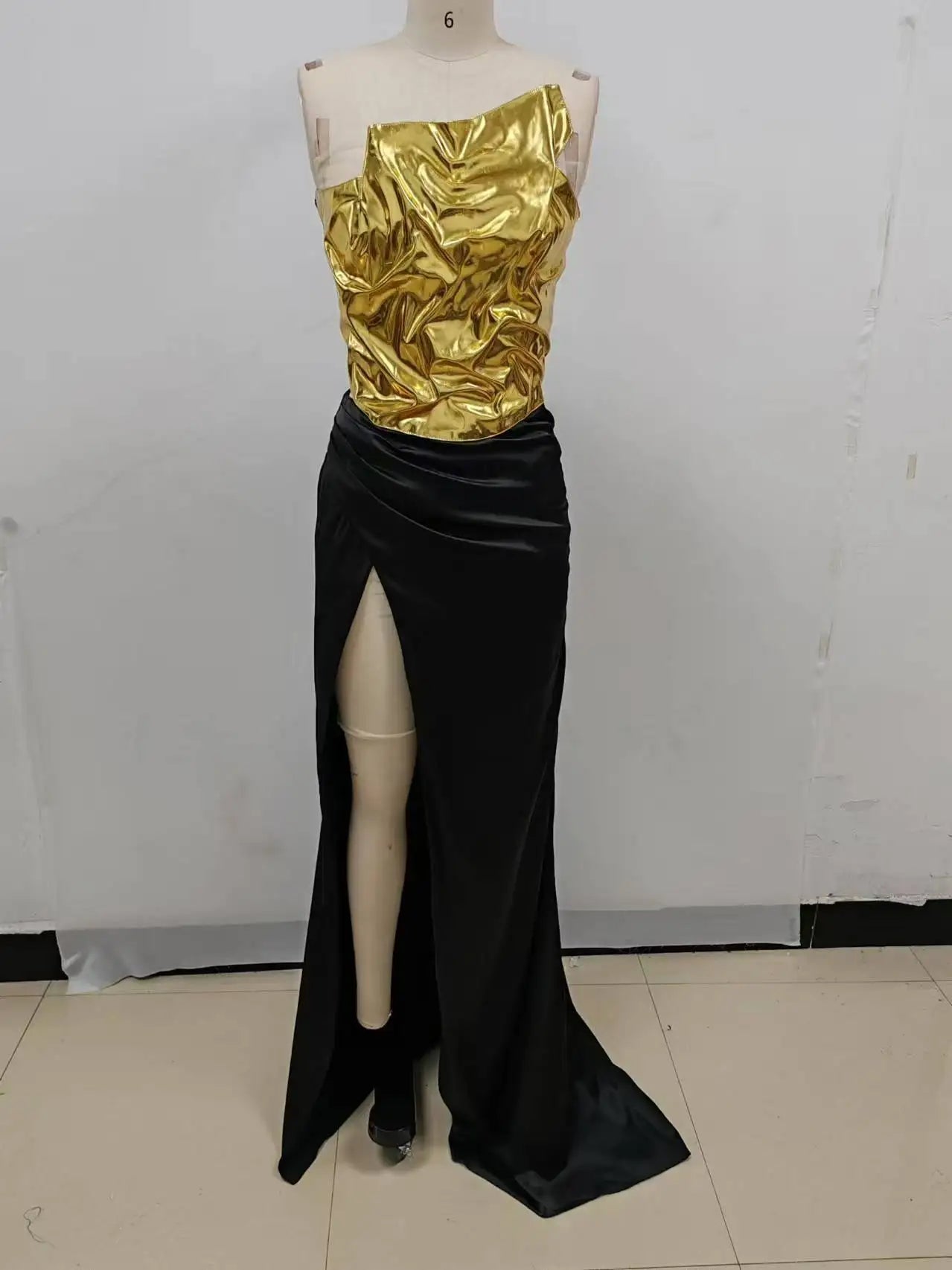 2024 New Arrival Women Gold Color Sexy Laced - up Tops 2 Pieces Bodycon Floor - Length Dress Celebrate Evening Party Prom Dress - MAGUSTA BEAUTY