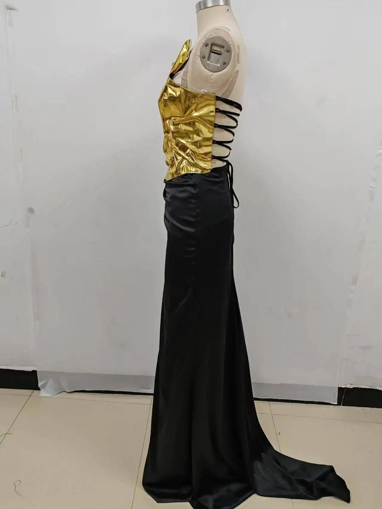 2024 New Arrival Women Gold Color Sexy Laced - up Tops 2 Pieces Bodycon Floor - Length Dress Celebrate Evening Party Prom Dress - MAGUSTA BEAUTY