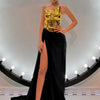 2024 New Arrival Women Gold Color Sexy Laced - up Tops 2 Pieces Bodycon Floor - Length Dress Celebrate Evening Party Prom Dress - MAGUSTA BEAUTY