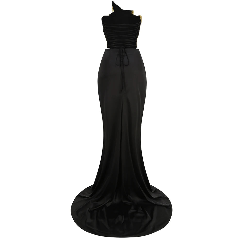 2024 New Arrival Women Gold Color Sexy Laced - up Tops 2 Pieces Bodycon Floor - Length Dress Celebrate Evening Party Prom Dress - MAGUSTA BEAUTY