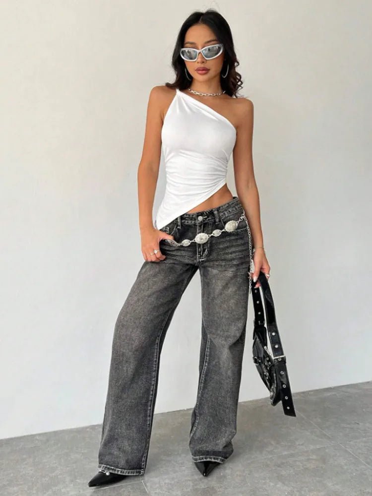 2025 New Fashionable Casual Women's T-Shirt Solid Color Single Shoulder Asymmetrical Slim Fit Top One - Piece Neck - MAGUSTA BEAUTY