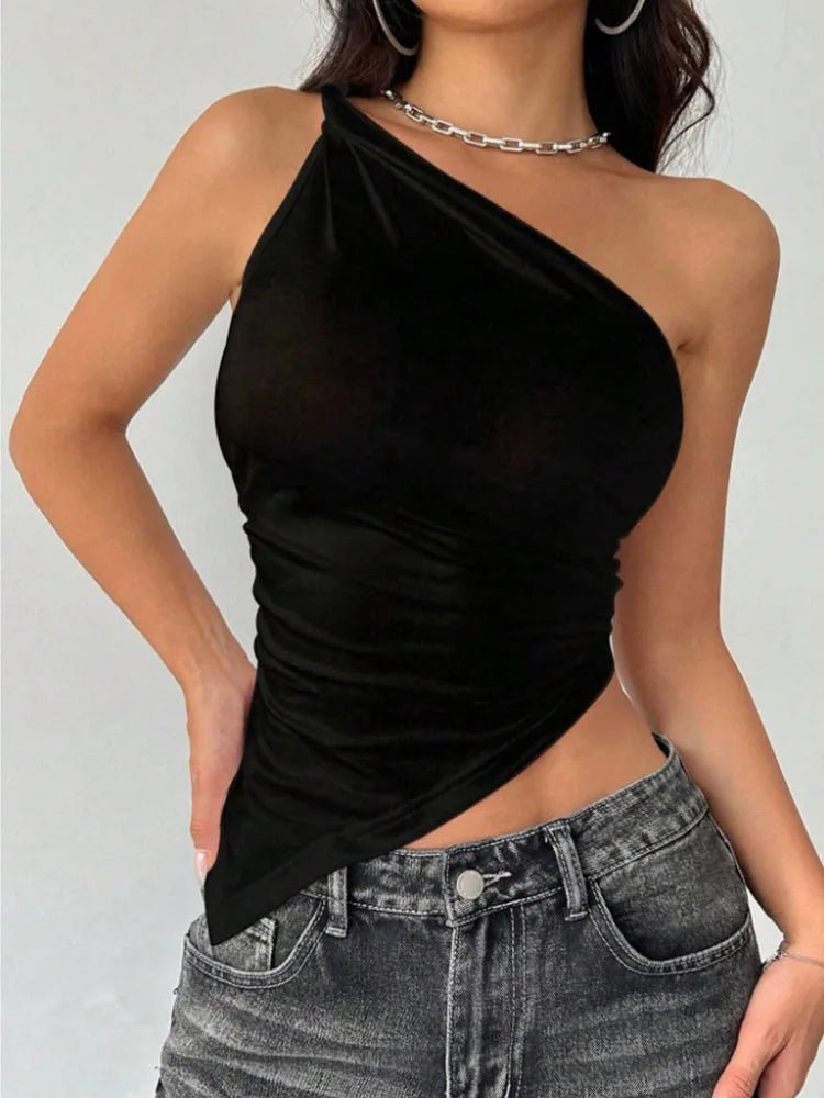 2025 New Fashionable Casual Women's T-Shirt Solid Color Single Shoulder Asymmetrical Slim Fit Top One - Piece Neck - MAGUSTA BEAUTY