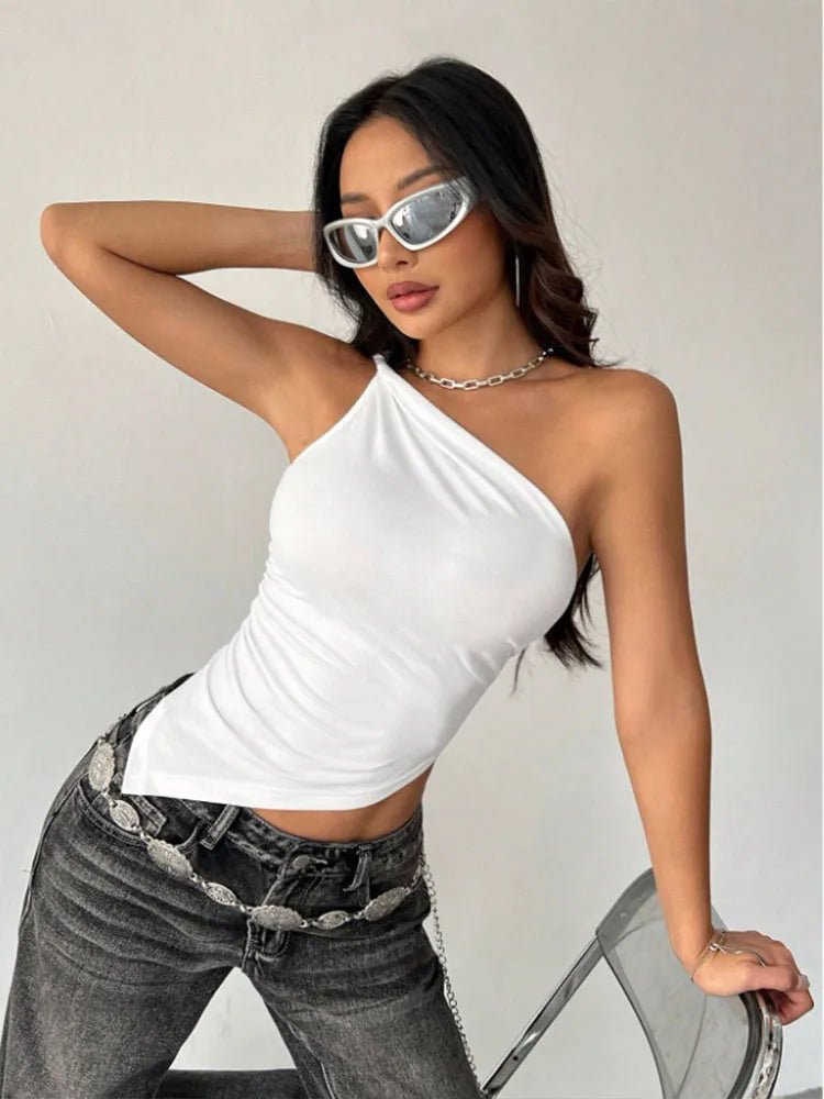 2025 New Fashionable Casual Women's T-Shirt Solid Color Single Shoulder Asymmetrical Slim Fit Top One - Piece Neck - MAGUSTA BEAUTY
