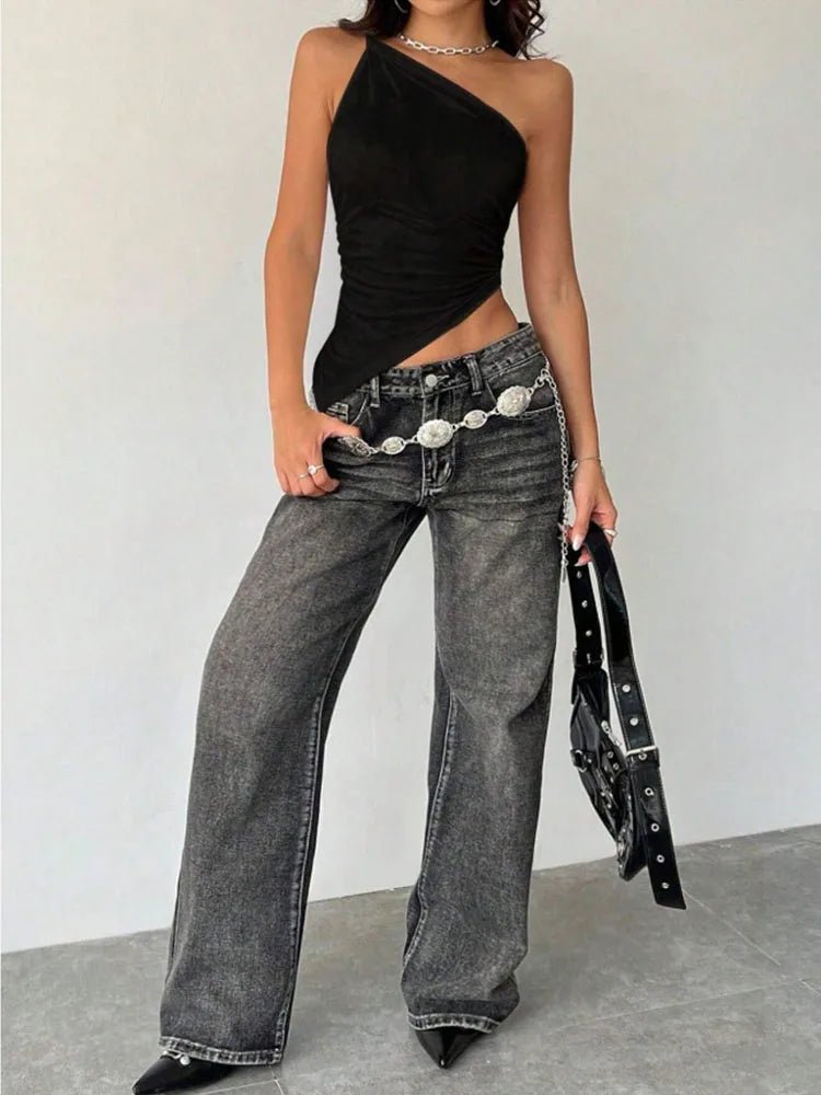 2025 New Fashionable Casual Women's T-Shirt Solid Color Single Shoulder Asymmetrical Slim Fit Top One - Piece Neck - MAGUSTA BEAUTY