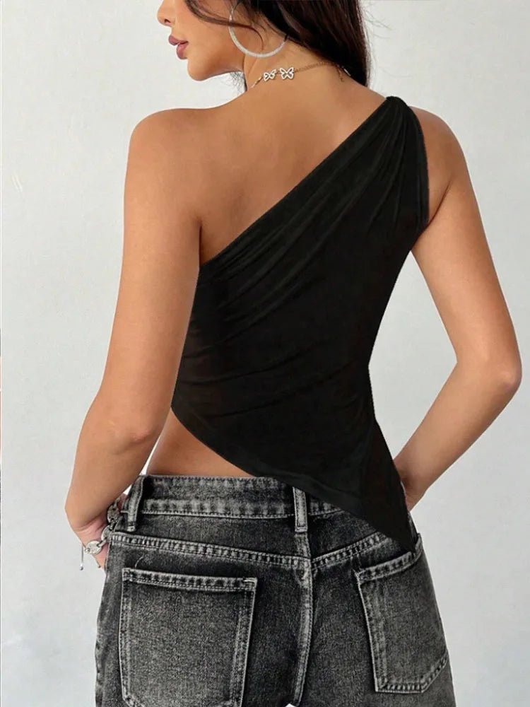 2025 New Fashionable Casual Women's T-Shirt Solid Color Single Shoulder Asymmetrical Slim Fit Top One - Piece Neck - MAGUSTA BEAUTY