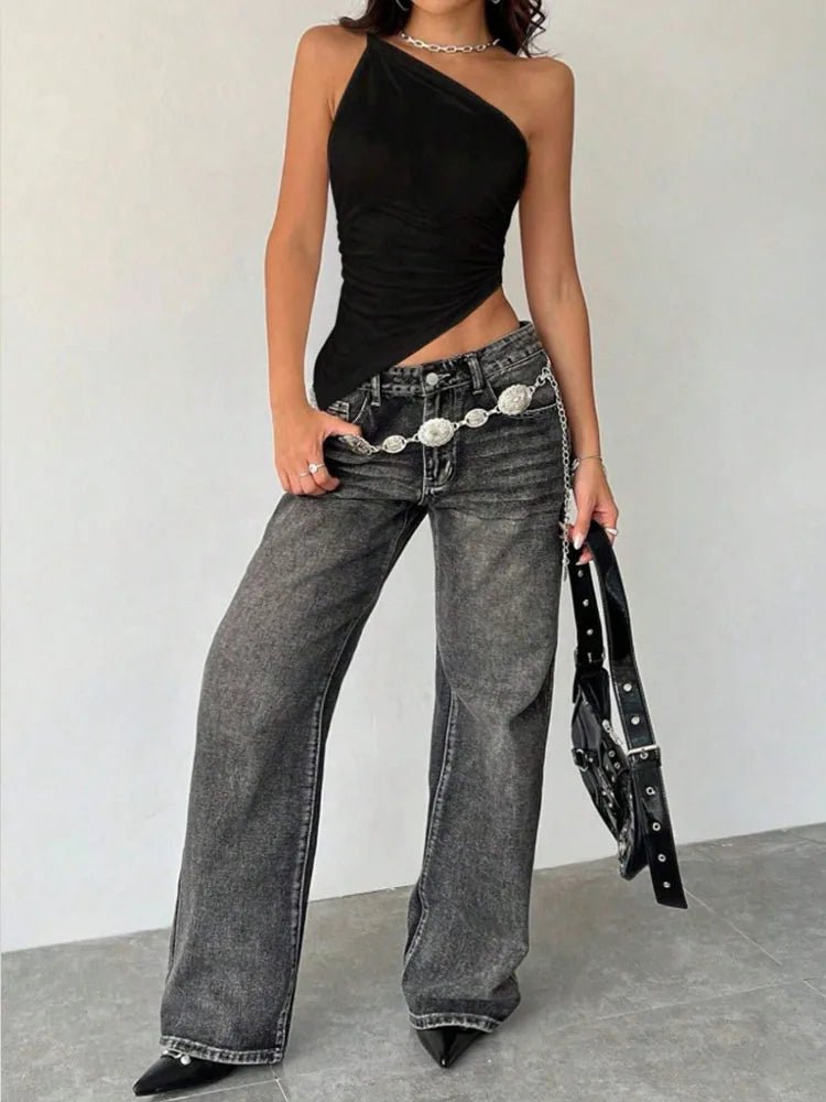 2025 New Fashionable Casual Women's T-Shirt Solid Color Single Shoulder Asymmetrical Slim Fit Top One - Piece Neck - MAGUSTA BEAUTY