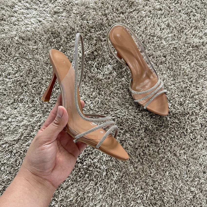 2025 Women Summer Rhinestone Slingback Pumps Office Lady Transparent Heeled Sandals Elegant Pointed Toe Female Sexy High Heels - MAGUSTA BEAUTY