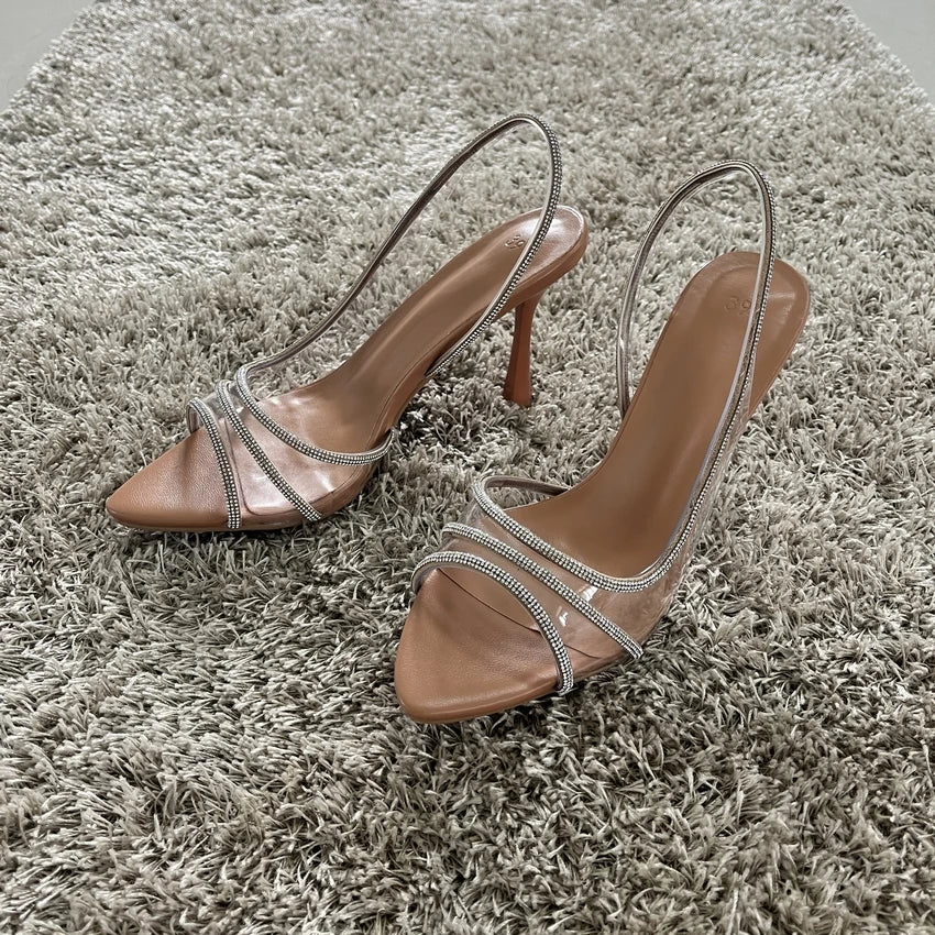 2025 Women Summer Rhinestone Slingback Pumps Office Lady Transparent Heeled Sandals Elegant Pointed Toe Female Sexy High Heels - MAGUSTA BEAUTY