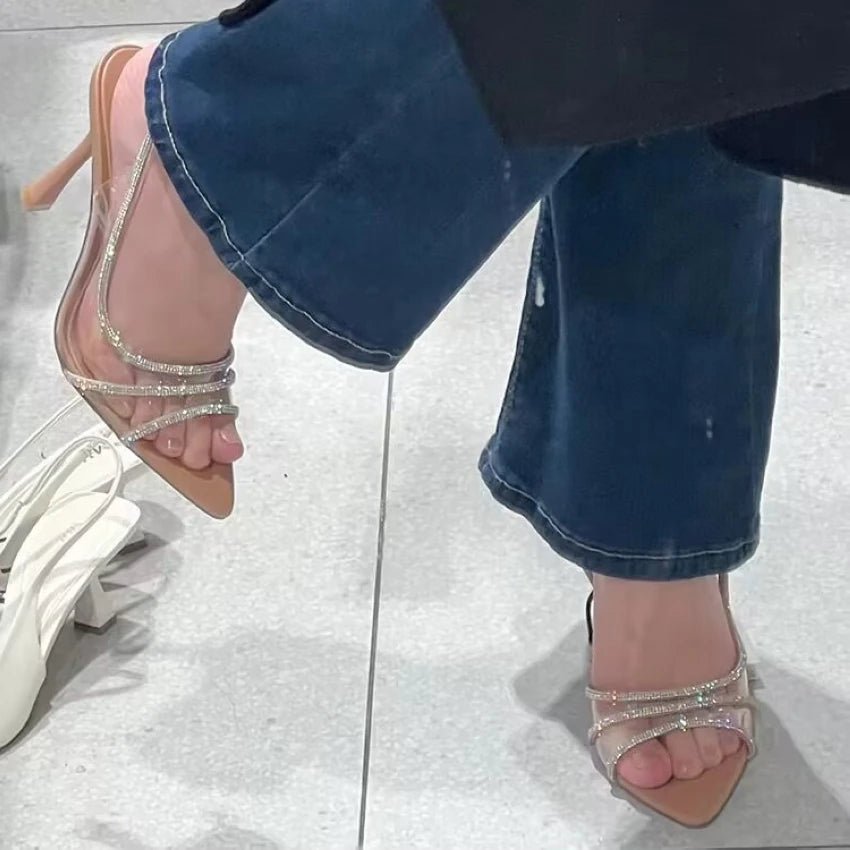 2025 Women Summer Rhinestone Slingback Pumps Office Lady Transparent Heeled Sandals Elegant Pointed Toe Female Sexy High Heels - MAGUSTA BEAUTY