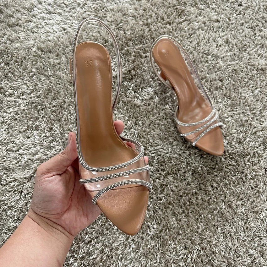 2025 Women Summer Rhinestone Slingback Pumps Office Lady Transparent Heeled Sandals Elegant Pointed Toe Female Sexy High Heels - MAGUSTA BEAUTY