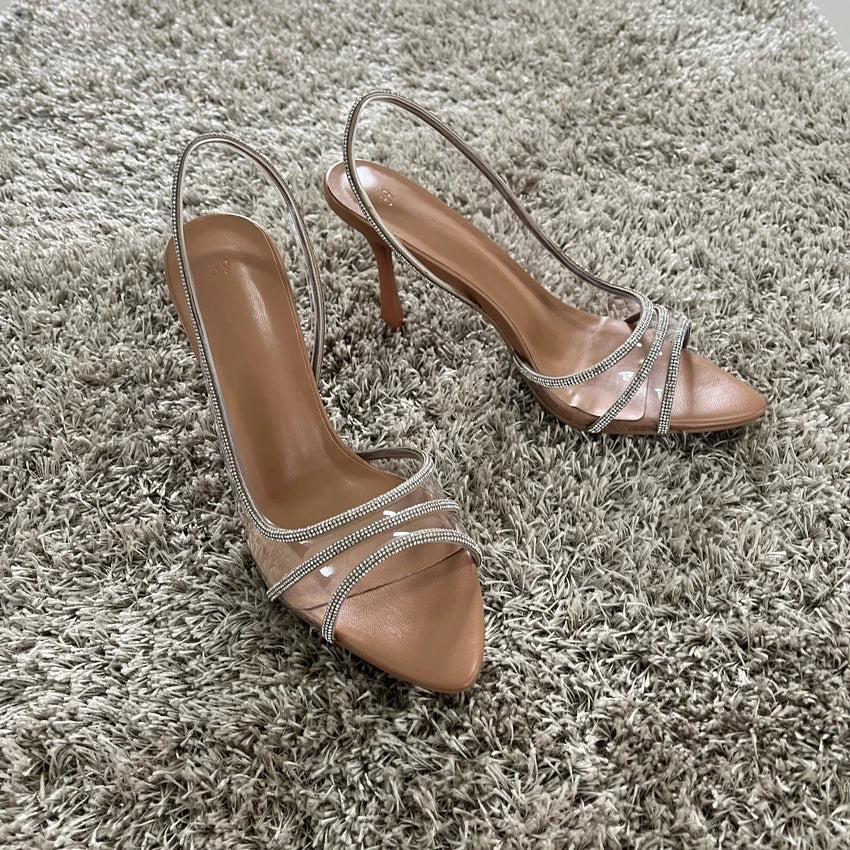 2025 Women Summer Rhinestone Slingback Pumps Office Lady Transparent Heeled Sandals Elegant Pointed Toe Female Sexy High Heels - MAGUSTA BEAUTY
