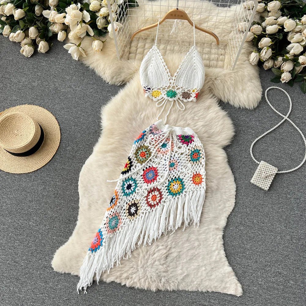 2026Women's Summer Bohemian Style Holiday knitted Set Tassel Halter Top WithSkirt Set Knitted Skirt Suit Two Piece Set for Women - MAGUSTA BEAUTY