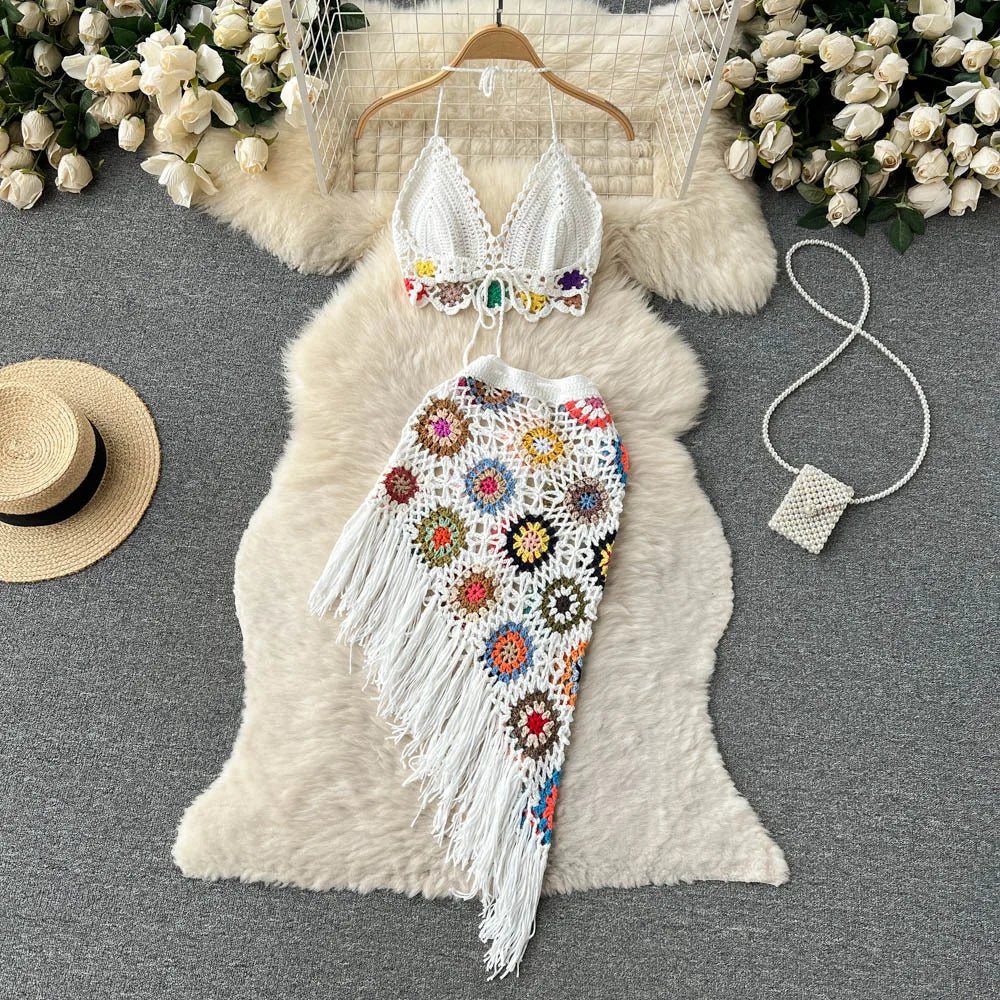 2026Women's Summer Bohemian Style Holiday knitted Set Tassel Halter Top WithSkirt Set Knitted Skirt Suit Two Piece Set for Women - MAGUSTA BEAUTY