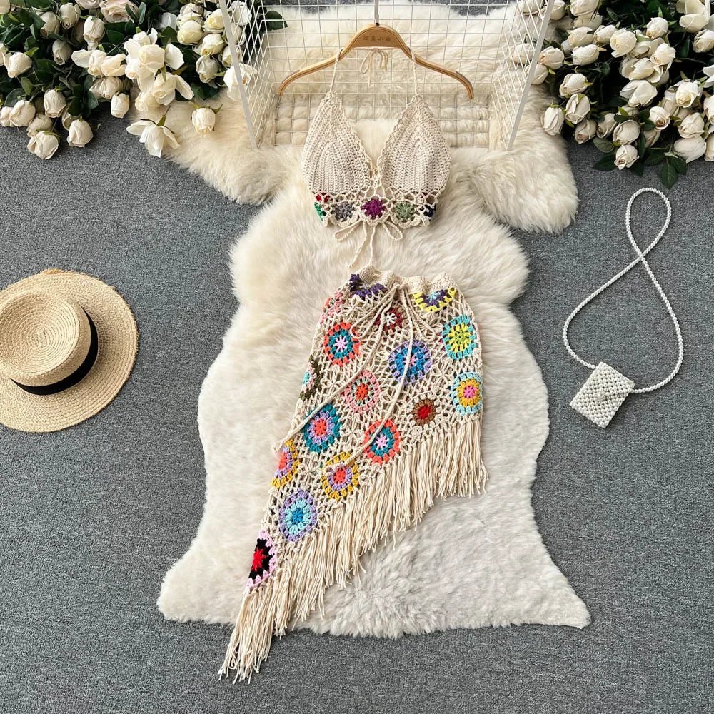 2026Women's Summer Bohemian Style Holiday knitted Set Tassel Halter Top WithSkirt Set Knitted Skirt Suit Two Piece Set for Women - MAGUSTA BEAUTY