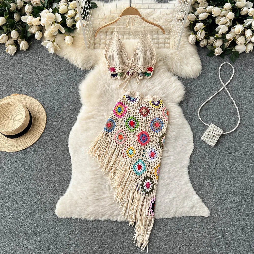 2026Women's Summer Bohemian Style Holiday knitted Set Tassel Halter Top WithSkirt Set Knitted Skirt Suit Two Piece Set for Women - MAGUSTA BEAUTY