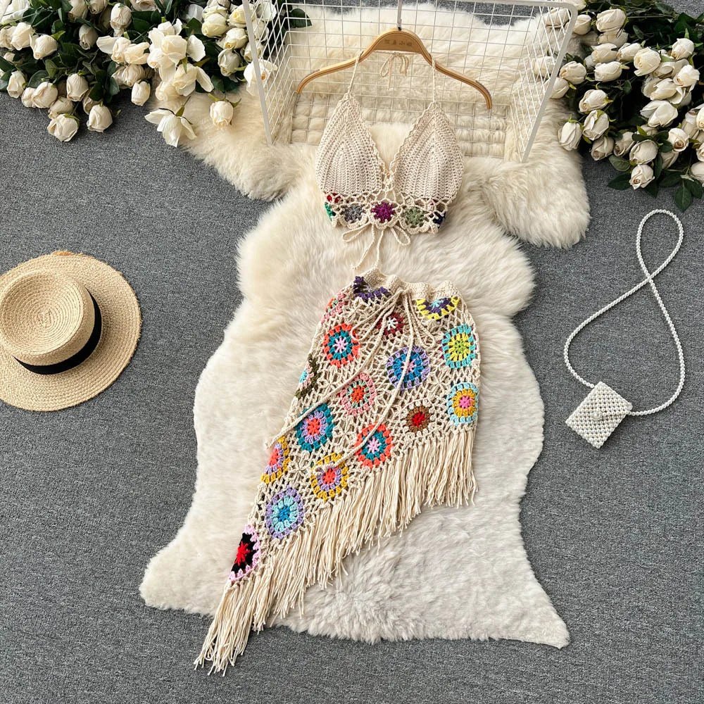 2026Women's Summer Bohemian Style Holiday knitted Set Tassel Halter Top WithSkirt Set Knitted Skirt Suit Two Piece Set for Women - MAGUSTA BEAUTY