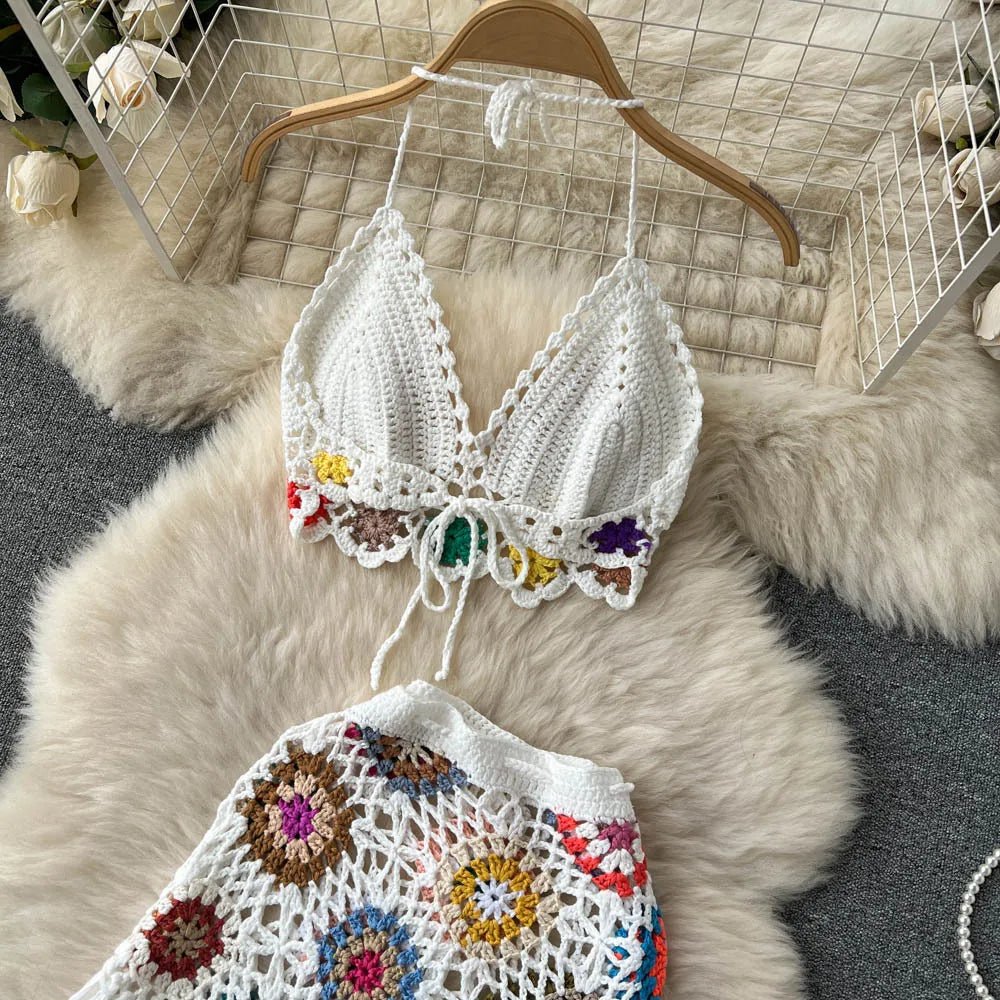 2026Women's Summer Bohemian Style Holiday knitted Set Tassel Halter Top WithSkirt Set Knitted Skirt Suit Two Piece Set for Women - MAGUSTA BEAUTY