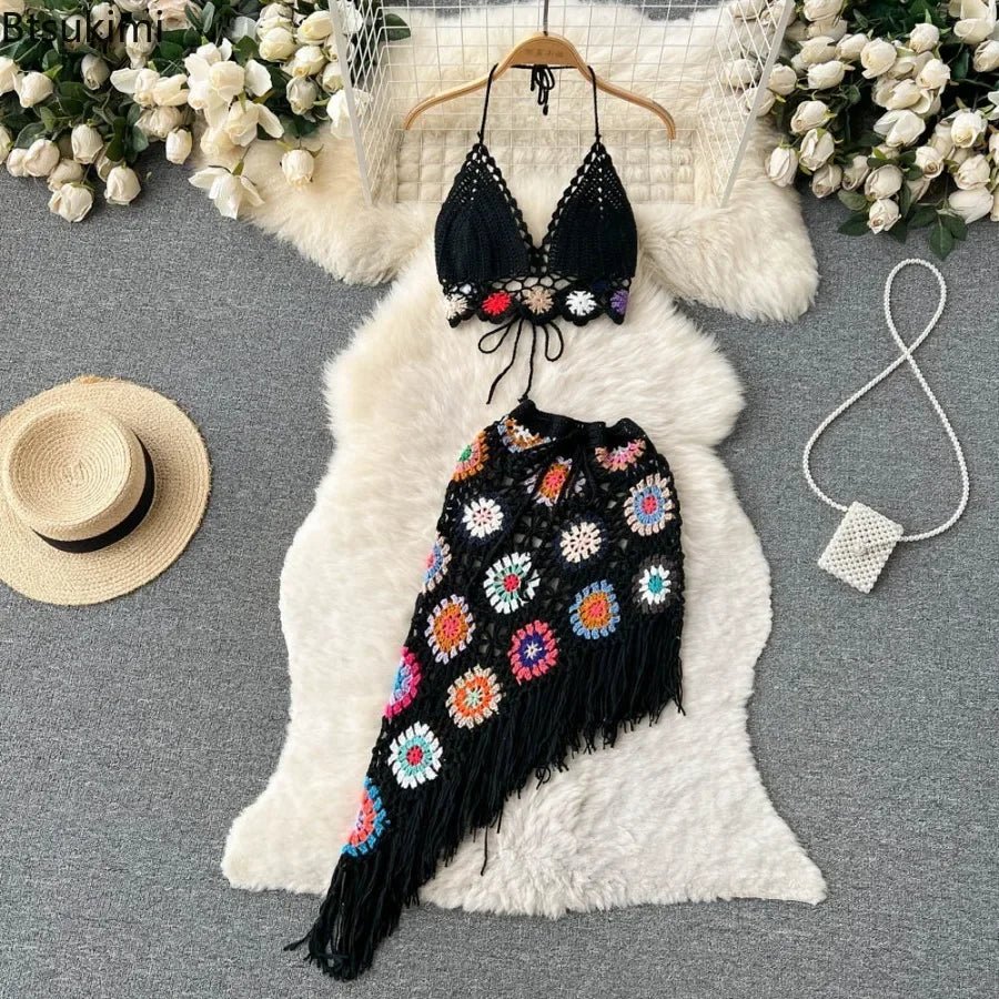 2026Women's Summer Bohemian Style Holiday knitted Set Tassel Halter Top WithSkirt Set Knitted Skirt Suit Two Piece Set for Women - MAGUSTA BEAUTY