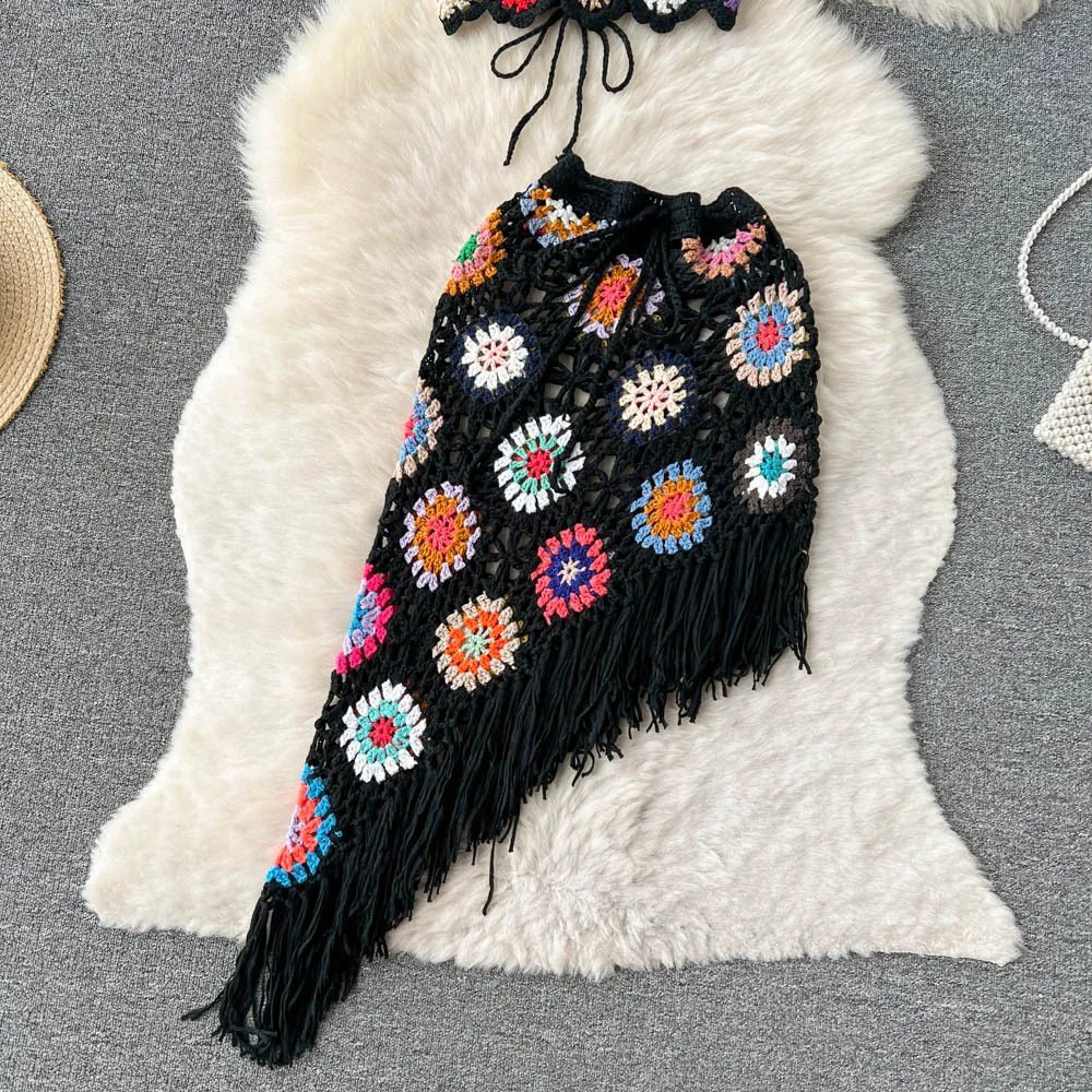 2026Women's Summer Bohemian Style Holiday knitted Set Tassel Halter Top WithSkirt Set Knitted Skirt Suit Two Piece Set for Women - MAGUSTA BEAUTY
