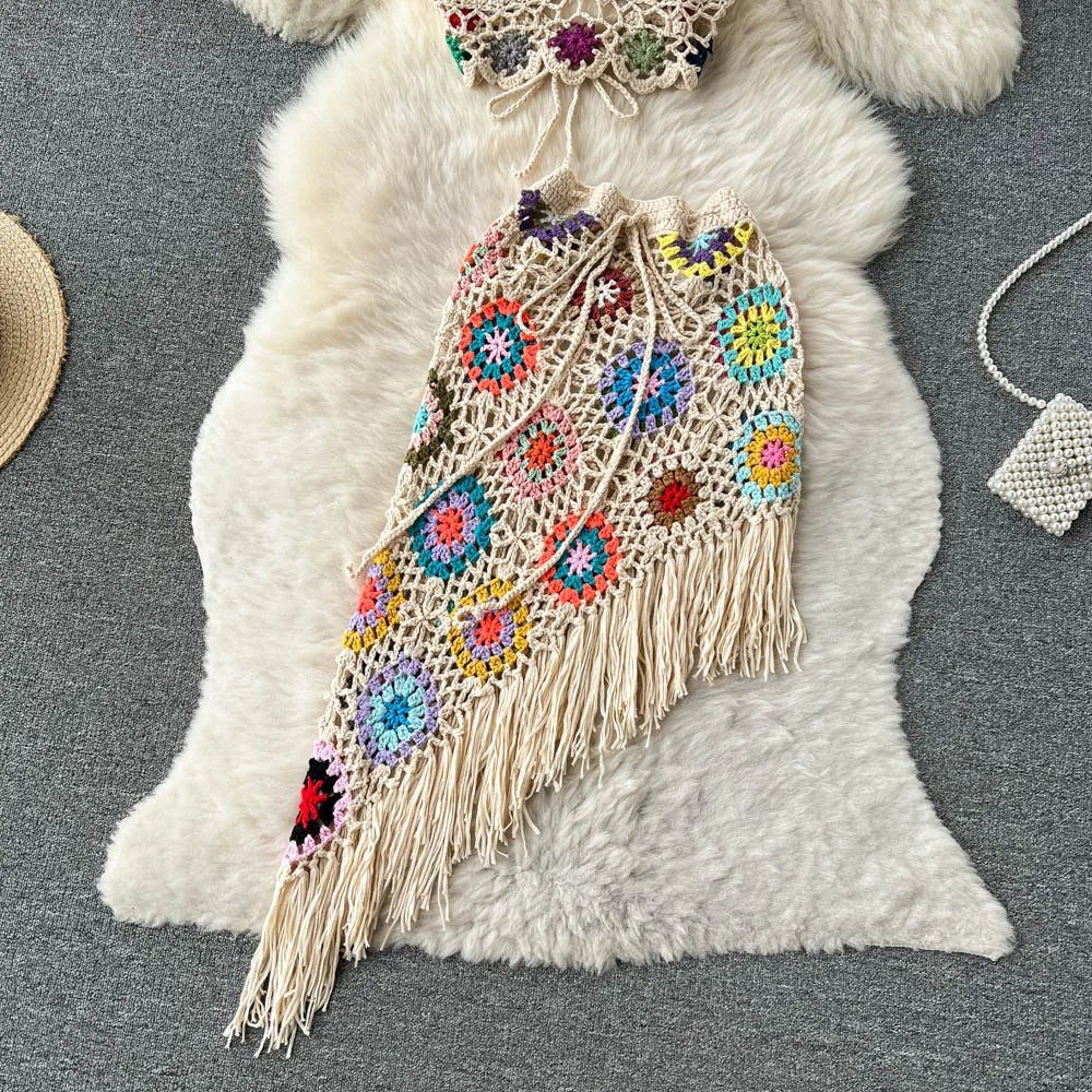 2026Women's Summer Bohemian Style Holiday knitted Set Tassel Halter Top WithSkirt Set Knitted Skirt Suit Two Piece Set for Women - MAGUSTA BEAUTY
